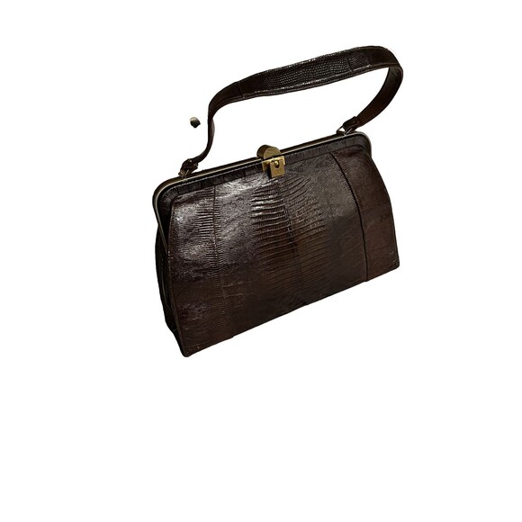 Vintage 50's Tegu Lizard Skin Kelly Hand Bag Mahogany Brushed Metal Clasp 14x9x4 - Picture 3 of 16